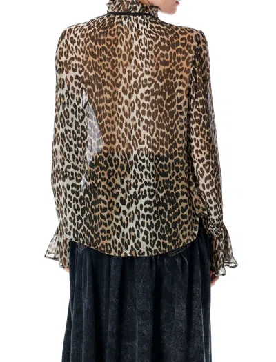 Ganni Leopard Print Chiffon Tie String Shirt In Brown