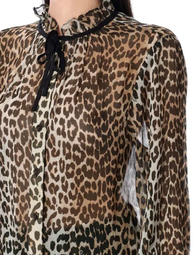 Ganni Leopard Print Chiffon Tie String Shirt In Brown