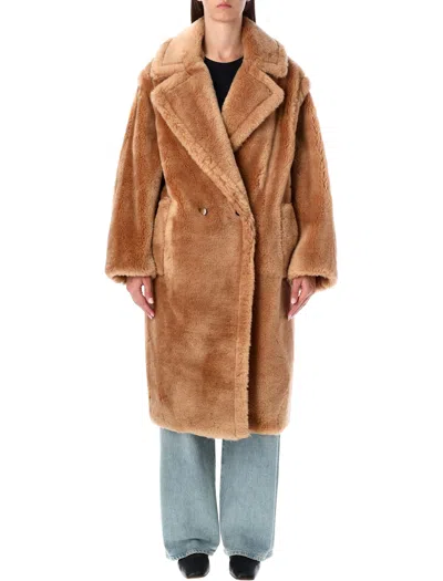 Stand Studio Biba Long Faux Fur Camel Coat In Brown