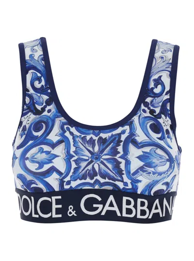 Dolce & Gabbana Multicolor Sleeveless Top With Logo Lettering On The Front And All-over Maiolica Motif In Tech Fabri In Blue