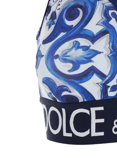 Dolce & Gabbana Multicolor Sleeveless Top With Logo Lettering On The Front And All-over Maiolica Motif In Tech Fabri In Blue