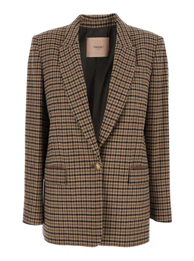 Twinset Beige Single-breasted Jacket With All-over Check Motif In Wool Blend Woman In Brown