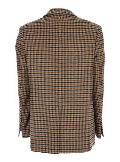 Twinset Beige Single-breasted Jacket With All-over Check Motif In Wool Blend Woman In Brown