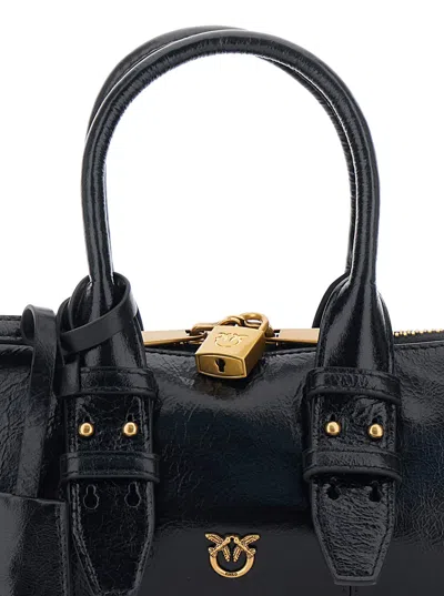 Pinko Bowling Black Handbag With Padlock Detail And Love Birds Logo On The Front In Leather Woman In Black