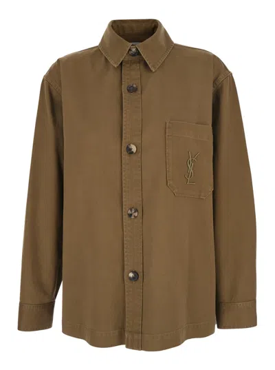 Saint Laurent Beige Shirt With Classic Collar And Cassandre Logo Embroidered On The Front In Cotton And Linen Gaba In Brown