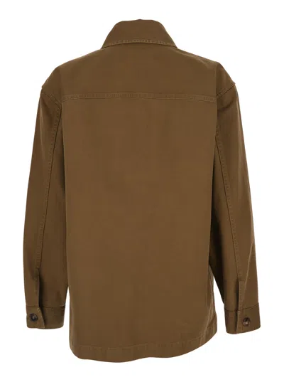 Saint Laurent Beige Shirt With Classic Collar And Cassandre Logo Embroidered On The Front In Cotton And Linen Gaba In Brown