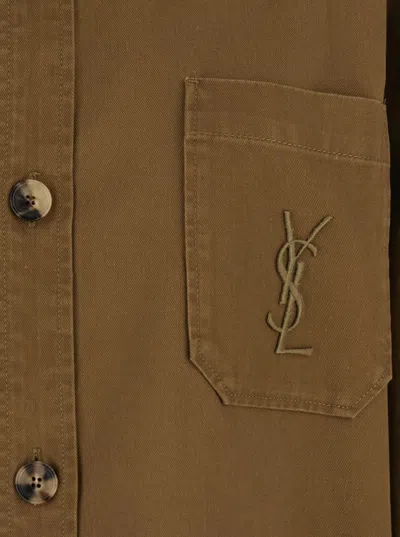 Saint Laurent Beige Shirt With Classic Collar And Cassandre Logo Embroidered On The Front In Cotton And Linen Gaba In Brown