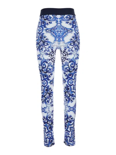 Dolce & Gabbana Multicolor Leggings With Logo Lettering On The Waist And All-over Maiolica Motif In Tech Fabric Woma In Blue
