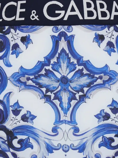 Dolce & Gabbana Multicolor Leggings With Logo Lettering On The Waist And All-over Maiolica Motif In Tech Fabric Woma In Blue