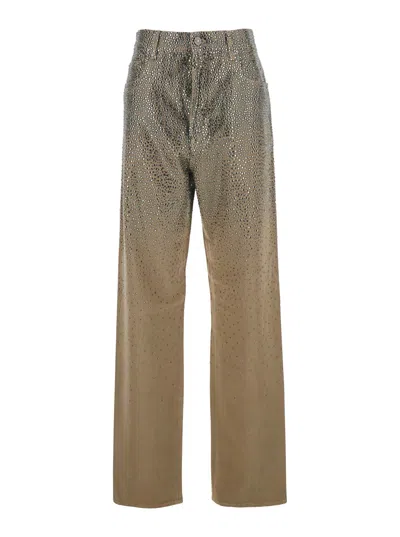 Golden Goose Beige Pants With Faded Crystal Embellishment And Belt Loops In Cotton Blend Woman In Neutral