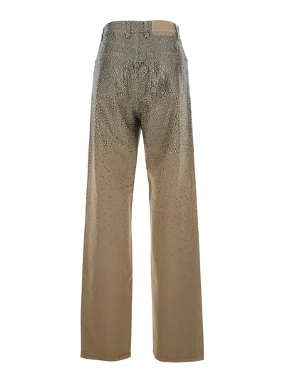 Golden Goose Beige Pants With Faded Crystal Embellishment And Belt Loops In Cotton Blend Woman In Neutral