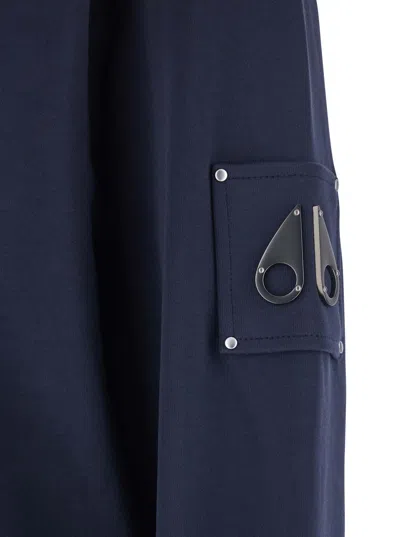 Moose Knuckles Blue Crewneck Sweatshirt With Logo Patch On The Sleeve In Cotton Man In Blue