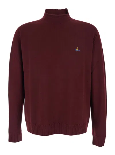 Vivienne Westwood Bordeaux Turtleneck Sweater With Orb Logo Embroidered On The Front In Wool Blend Man In Burgundy