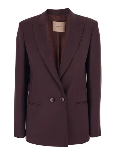 Twinset Bordeaux Double-breasted Jacket With Classic Lapels In Wool And Fabric Blend Woman In Burgundy