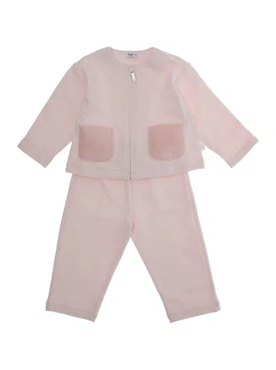 Il Gufo Pink Crewneck Suit With Front Zip Closure In Cotton Stretch Baby In Pink