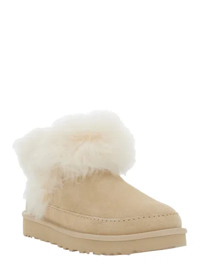 Ugg Classic Ultra Mini Chalet Beige Ankle Boots With Fur Design In Suede Woman In Neutral
