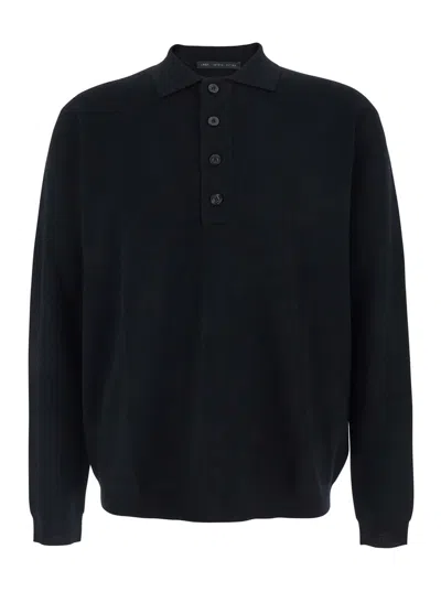 Low Brand Black Sweater With Polo Shirt Style Collar And Long Sleeves In Wool Man In Black