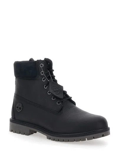 Timberland Black Ankle Boots With Logo Detail On The Side And Low Block Heel In Leather Man In Black