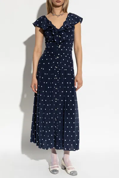 Alessandra Rich Ruffled Polka Dot Midi Dress In Blue