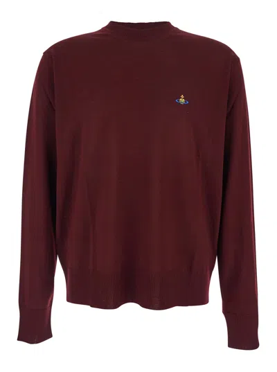 Vivienne Westwood Bordeaux Crew Neck Sweater With Dropped Shoulders And Orb Logo On The Front In Wool Blend Man In Burgundy