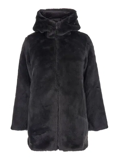 Save The Duck Bridget Black Reversible Jacket With Front Zip Closure In Ecofur Woman In Black