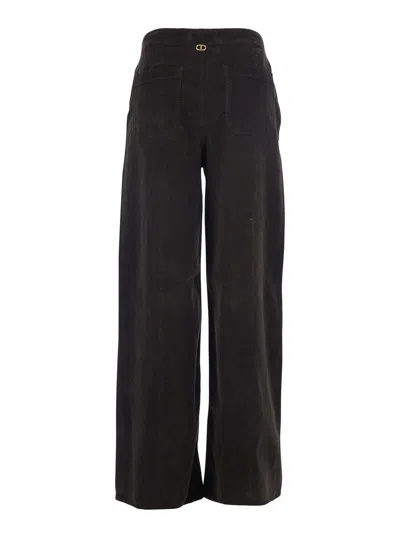 Twinset Brown Pants With Belt Loops In Ribbed Velvet Woman In Black