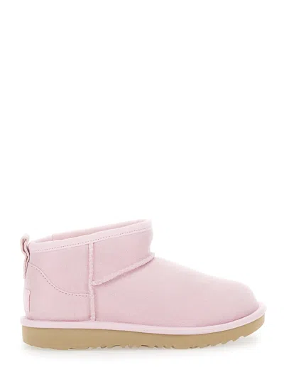 Ugg Classic Ultra Mini Pink Ankle Boots With Shearling Lining In Leather Girl In Pink
