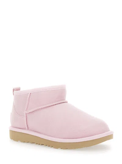 Ugg Classic Ultra Mini Pink Ankle Boots With Shearling Lining In Leather Girl In Pink