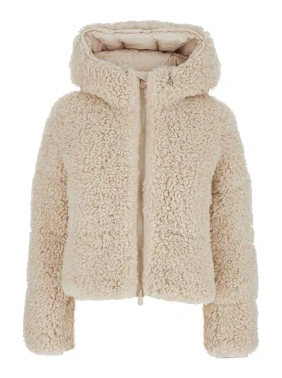 Save The Duck Dada Beige Jacket With Hood And Logo Patch On The Sleeve In Ecofur Woman In Neutral