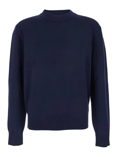 Sunflower Blue Crew Neck Sweater With Dropped Shoulder In Wool Blend Man In Blue