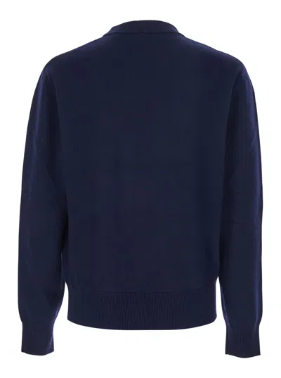 Sunflower Blue Crew Neck Sweater With Dropped Shoulder In Wool Blend Man In Blue