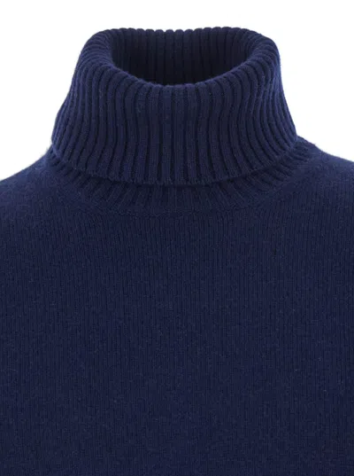 Kangra Cashmere Blue Turtleneck Sweater With Ribbed Trims In Wool Man In Blue