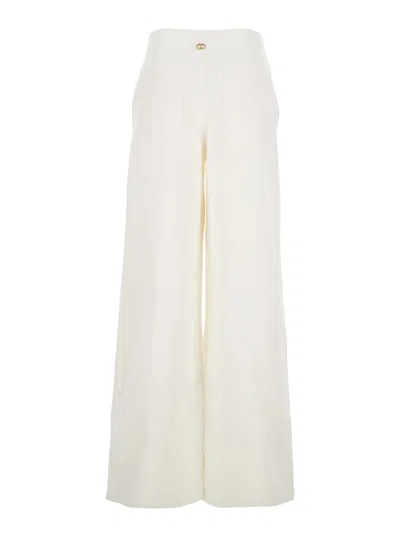 Twinset White Pants With Belt Loops In Ribbed Velvet Woman In White