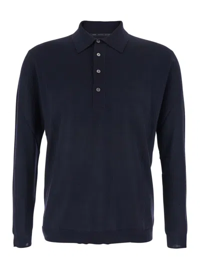 Low Brand Black Sweater With Polo Shirt Style Collar And Long Sleeves In Wool Man In Blue
