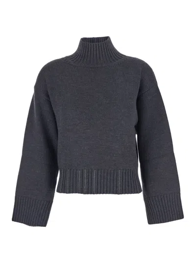 Fabiana Filippi Grey Turtleneck Sweater With Beaded Embroidery On The Waist And Dropped Shoulders In Wool Woman In Black