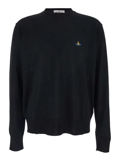 Vivienne Westwood Black Crew Necksweater With Orb Logo Embroidered On The Front In Wool Blend Man In Black