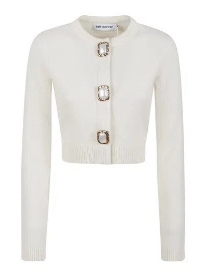 Self-portrait Womens Cream Cropped Embellished Stretch-wool Blend Cardigan In White