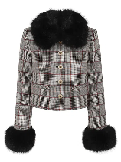 Self-portrait Brown Check Fur Cuff Jacket In Brown