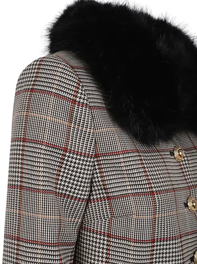 Self-portrait Brown Check Fur Cuff Jacket In Brown