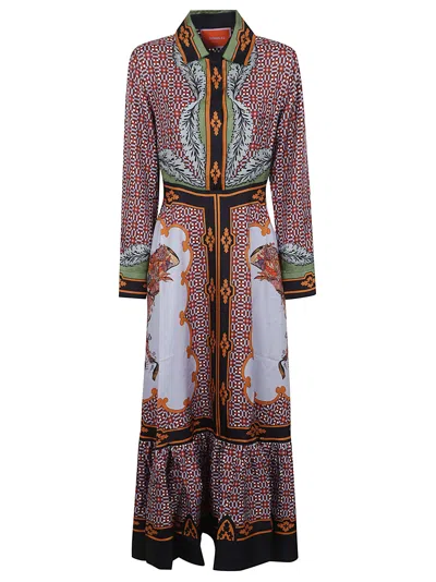 La Doublej Long-sleeved Patterned Silk Midi Day Dress In Multi