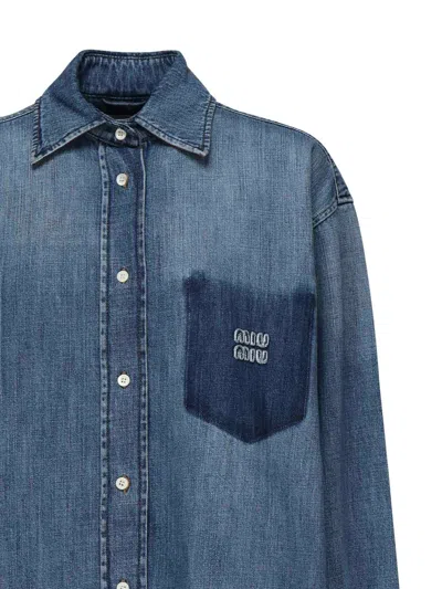 Miu Miu Denim Shirt With Logo In Blue