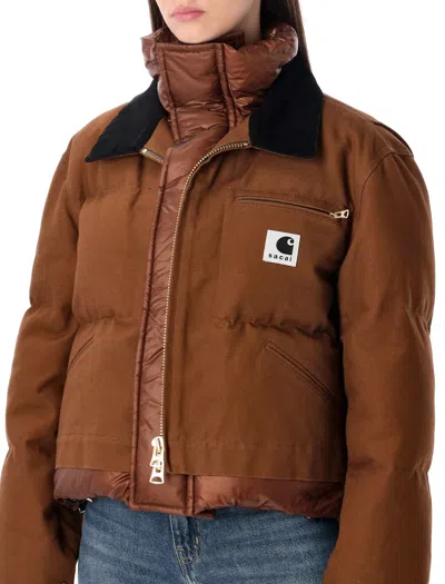 Sacai X Carhartt Wip Washed Duck Down Puffer Jacket In Brown