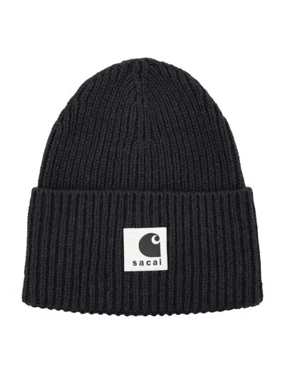 Sacai X Carhartt Wip Ribbed Wool Beanie In Black
