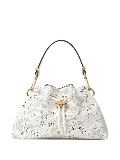 Jimmy Choo Small Cinch Perforated-lace Drawstring Shoulder Bag In White