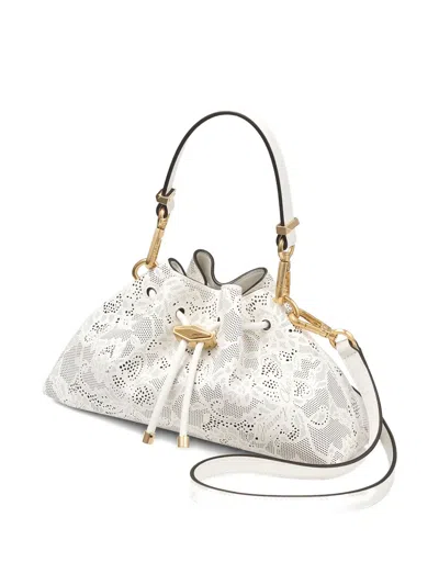 Jimmy Choo Small Cinch Perforated-lace Drawstring Shoulder Bag In White