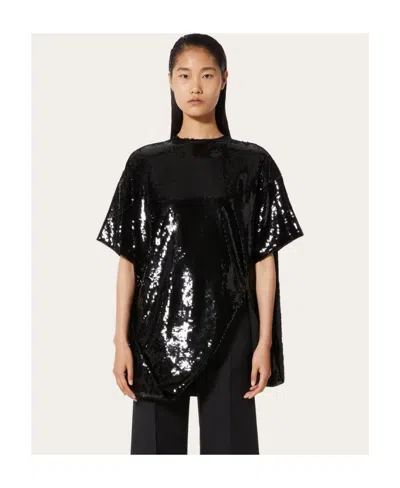 Valentino Sequin-embroidered Organza T-shirt In Black