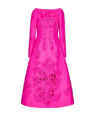 Valentino Long-sleeved Patterned Embroidered Mid-length Dress In Pink