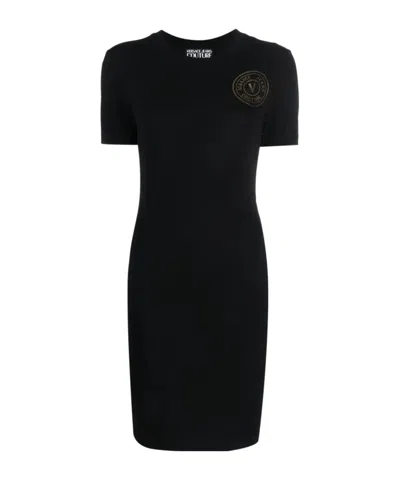 Versace Jeans Couture Logo-printed Short-sleeved Stretched Dress In Black