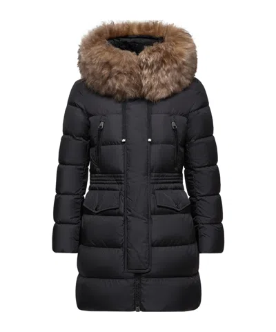 Moncler Aphroti Hooded Shearling-trimmed Long Down Jacket In Black
