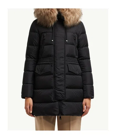 Moncler Aphroti Hooded Shearling-trimmed Long Down Jacket In Black